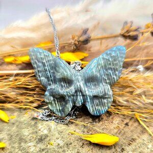 Nature Labradorite Carved Hidden Skull Butterfly Pendant Necklace. Price include